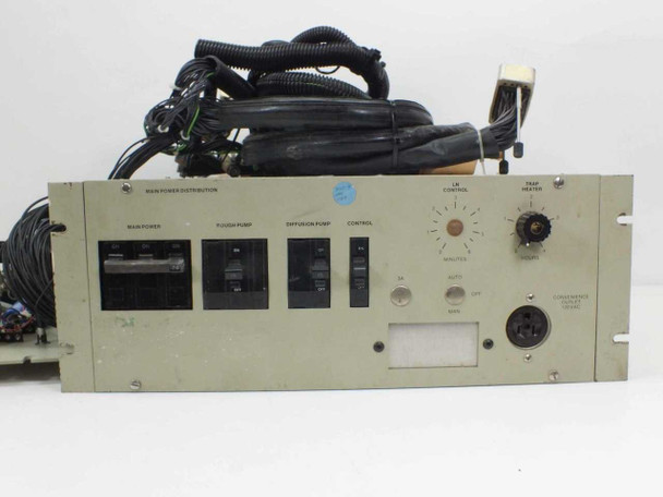 Vacuum pump main power distributor rackmount front panel with circuit breakers for main power, roughing pump, diffusion pump, and controls sections — front view