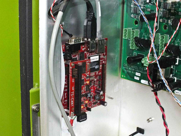 GreenVolts GV-SCP001 – internal CAN bus controller board (TS-CAN1) with DB9 and USB connectors, and GreenVolts AXIS Motor Controller PCB