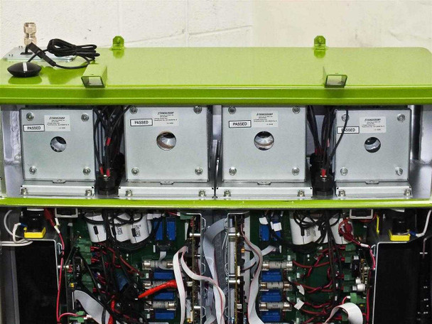 GreenVolts GV-SCP001 – top of cabinet showing four Powertronix 3-phase choke units each labeled PASSED, with GPS antenna and input connectors