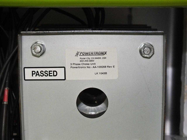 GreenVolts GV-SCP001 – close-up of Powertronix 3-Phase Choke Unit label showing P/N AA-109268 Rev E and PASSED sticker