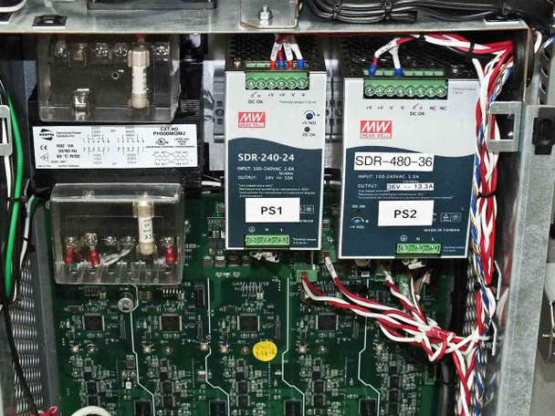 GreenVolts GV-SCP001 – close-up of Mean Well SDR-240-24 (PS1) and SDR-480-36 (PS2) DIN-rail power supplies