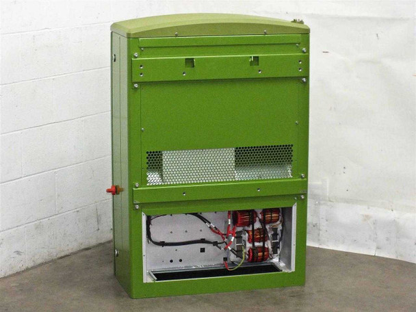 GreenVolts GV-SCP001 inverter – rear exterior view with upper vent panel open and lower compartment panel open showing output inductors
