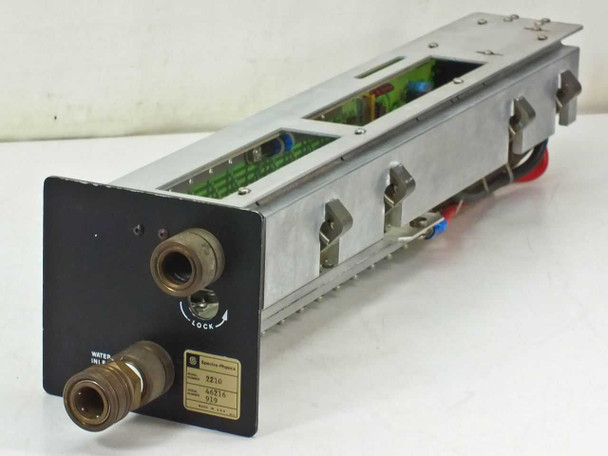 Spectra-Physics 2210 water cooled laser power supply module — angled front-left view showing face plate with water inlet fittings and label