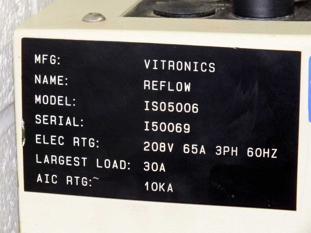 Vitronics ISO5006 rating plate showing model ISO5006, serial I50069, 208V 65A 3PH 60Hz, largest load 30A, AIC rating 10KA
