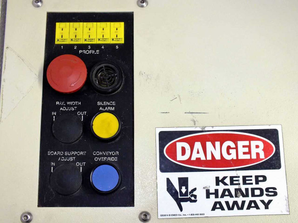 Vitronics ISO5006 control panel — profile selector switches (5 profiles), E-stop, rail width adjust, board support adjust, conveyor override, alarm silence buttons