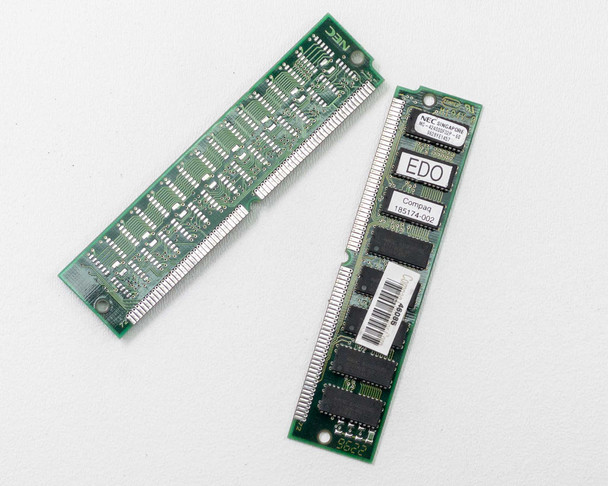 Compaq 185174-002 16MB EDO SIMM pair — angled front view showing NEC label and EDO sticker on one module, reverse side of second module