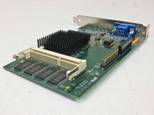 Matrox 844-00 G200 AGP card rear angle showing AGP slot connector, four memory chips, and Matrox PCB logo
