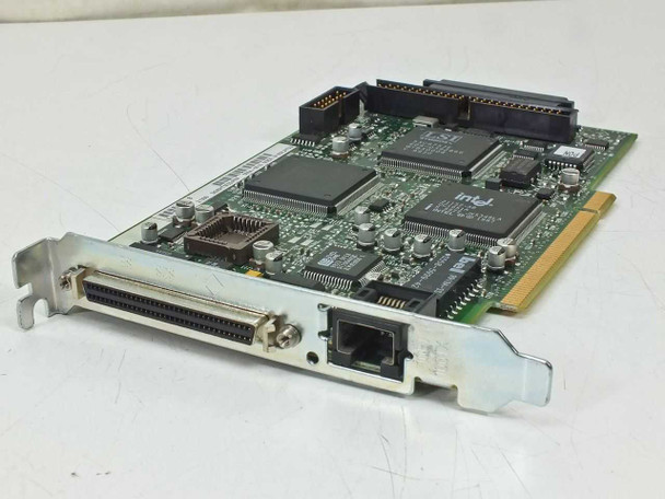 HP 5064-6016 PCI SCSI Network Combo Card – component side showing LSI SCSI controller, Intel Ethernet chip, 68-pin HD external SCSI port, and RJ-45 Ethernet port on bracket