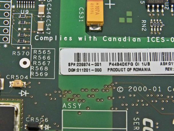 Compaq Smart Array 532 226874-001 – close-up of PCB label showing SP 226874-001, DQ 011201-000, Product of Romania, copyright 2000-01, and Canadian ICES compliance marking
