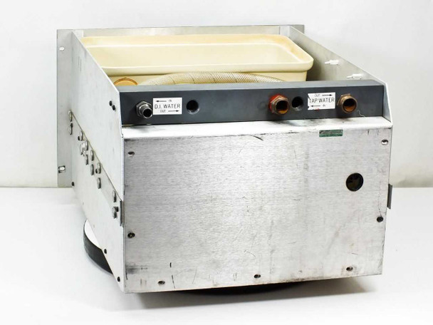 Rackmount water cooler – right side and rear showing DI Water Out and Tap Water ports with brass fittings