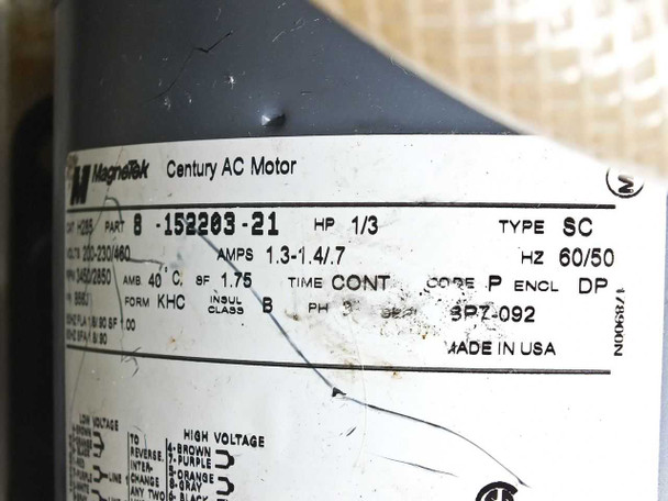 Magnetek Century AC Motor nameplate label – Part 8-152203-21, 1/3 HP, 200-230/460V, 60/50 Hz, Made in USA