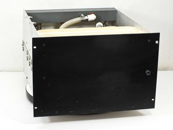 Rackmount recirculating water cooler – front black panel view with rack ears and flexible hose visible at top
