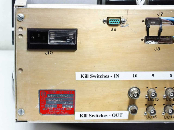Rear panel left section showing IEC/fuse AC inlet (J10), DB9 connector (J9), J8 connector, and Sector Motor Industries SMP-508 identification label; Kill Switches IN/OUT channels 8–10 and BNC ports visible