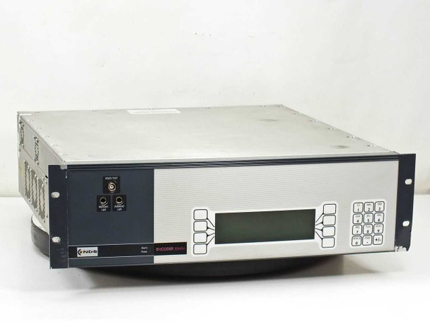 Tandberg E5424 MPEG-2 Encoder – front panel view showing LCD display, keypad, Alarm and Power indicators, and NDS logo