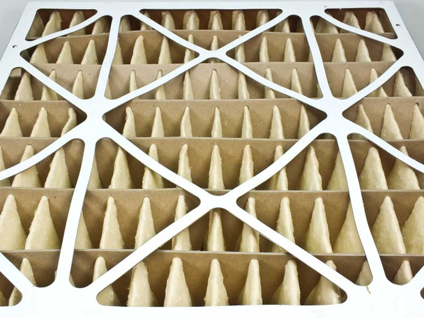 Top-down close-up of Purolator Aero-Cell filter media showing array of tapered media pockets and rigid divider grid