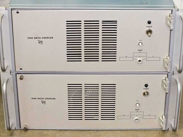 Two Tektronix 1340 Data Coupler units stacked — front panel view showing model label, ventilation louvers, Power toggle switch, Mode selector, and indicator LEDs
