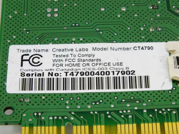 Creative Labs CT4790 rear PCB label showing Trade Name, Model Number CT4790, FCC compliance, and serial number T4790040017902