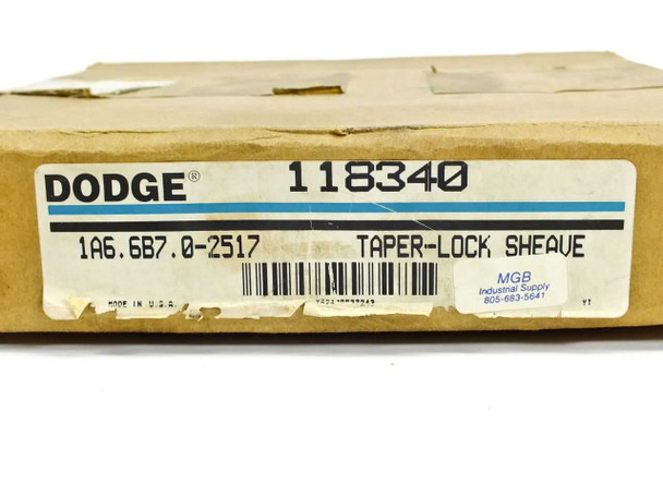 Close-up of Dodge 118340 box label showing part number, 1A6.6B7.0-2517 designation, and Made in U.S.A.