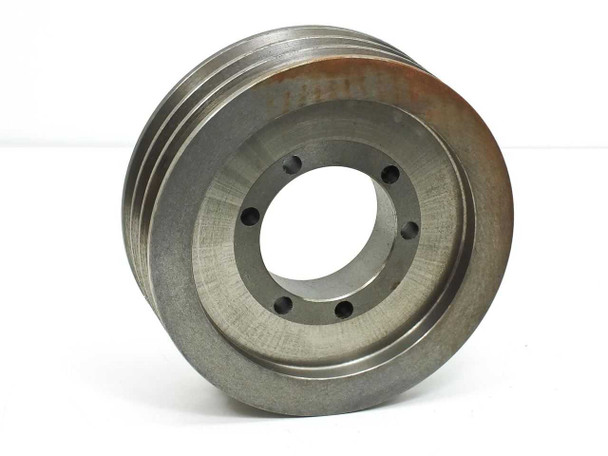 Dodge 455627 cast iron 3-groove V-belt sheave angled view showing three belt grooves and center bore with set-screw holes