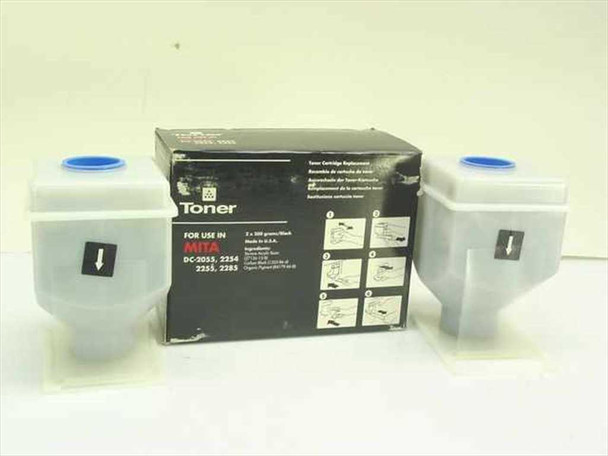 Katun 807841 Mita DC-2055 2254 2255 2285 black toner set — two bottles flanking original black box packaging