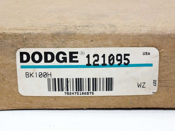 Dodge product label on box showing part number 121095, model BK100H, UPC 782475106875, and USA origin marking