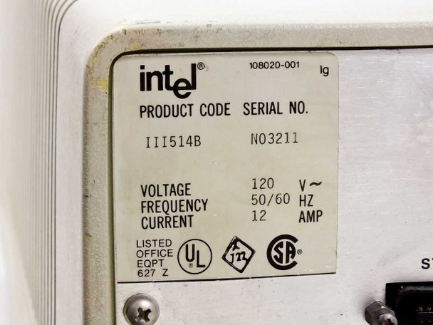 Intel III514B rear panel rating plate showing Product Code III514B, Serial No. N03211, 120V, 50/60Hz, 12A, UL and CSA certifications