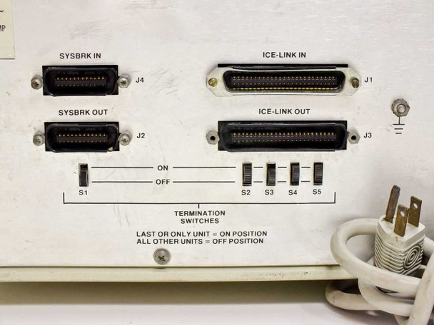 Intel III514B rear panel detail showing SYSBRK IN J4, SYSBRK OUT J2, ICE-LINK IN J1, ICE-LINK OUT J3, and termination switches S1-S5