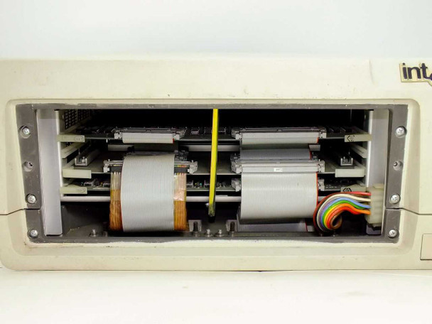 Intel III514B interior view with front panel removed showing two installed expansion boards with ribbon cables and yellow wire visible