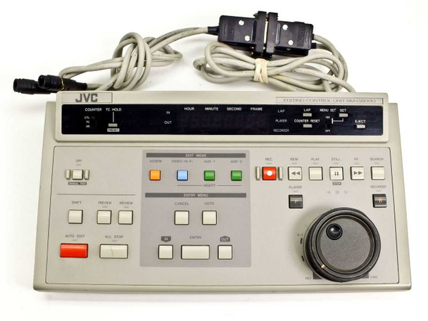 JVC RM-G800U Editing Control Unit – front panel straight-on view showing full button layout, Edit Mode section, Entry Menu, and jog/shuttle dial with cables