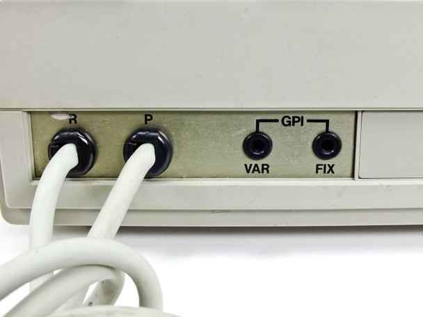 JVC RM-G800U – rear panel detail showing R and P cable ports with cables attached, and GPI VAR/FIX ports