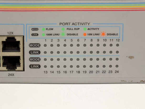 Allied Telesyn AT-8324SX front panel Port Activity LED array for all 24 ports with MODE and LINK indicators labeled Flow, Full Dup, Activity, 100M Link, Disable, 10M Link
