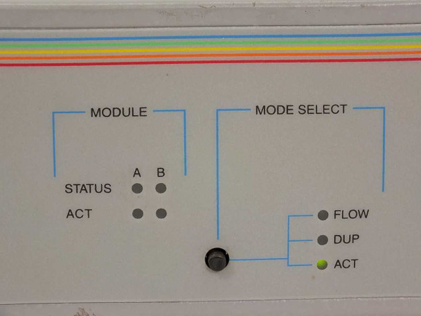 Allied Telesyn AT-8324SX front panel Module section showing Status and ACT LEDs for slots A and B, plus Mode Select LEDs for Flow, Dup, and ACT