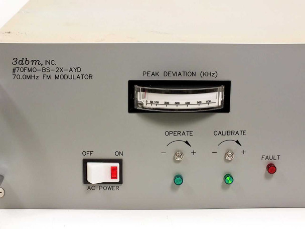 3dbm Inc. 70FMO-BS-2X-AYD 70.0 MHz FM Modulator – close-up of front panel label, Peak Deviation (kHz) analog meter, Operate and Calibrate controls, and Fault LED
