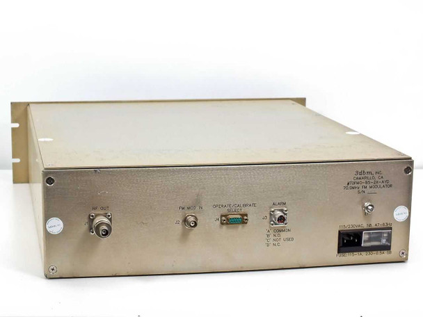 3dbm 70FMO-BS-2X-AYD rear panel – BNC RF Out (J1), BNC FM Mod In (J2), DB9 Operate/Calibrate Select (J4), and Alarm terminal block (J3) with rack ears