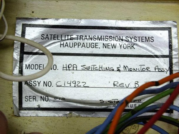 Satellite Transmission Systems C14922 Rev B label showing model number, assembly number, and serial number — Hauppauge New York