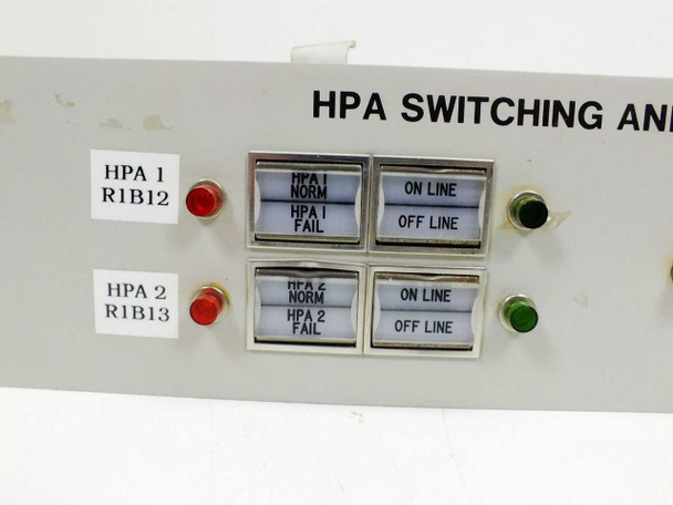 C14922 HPA Switching Monitor front panel close-up showing HPA 1 R1B12 and HPA 2 R1B13 Norm/Fail and On Line/Off Line indicator buttons with red and green pilot lights