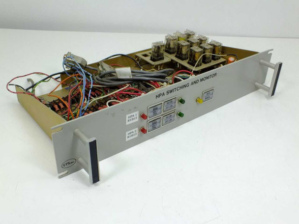 Satellite Transmission Systems C14922 HPA Switching and Monitor Assembly — front panel and open chassis showing internal relay matrix and wiring