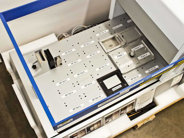 Top-down view of BioRobot 8000 deck showing labeled MP Slots 1–16, Plate slots 1–4, Stacker slots, and Therm Slot positions