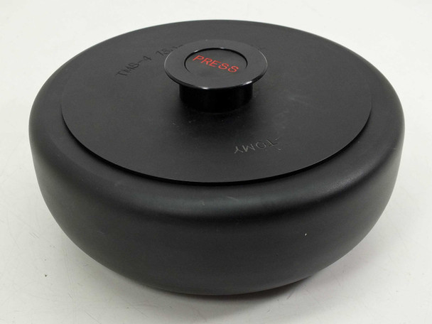 Tomy TMS-4 swing bucket centrifuge rotor with lid assembled, top view showing PRESS button and Tomy branding