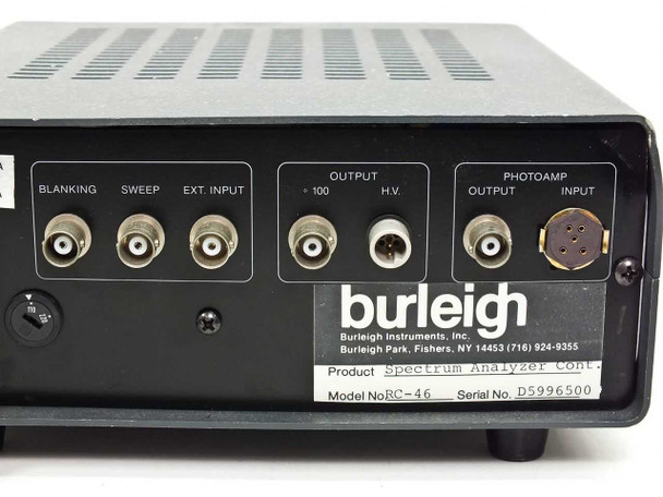 Burleigh RC-46 rear panel close-up — clearly showing BLANKING, SWEEP, EXT. INPUT, OUTPUT +100, H.V., PHOTOAMP OUTPUT (BNC), and PHOTOAMP INPUT (multi-pin circular) connector labels