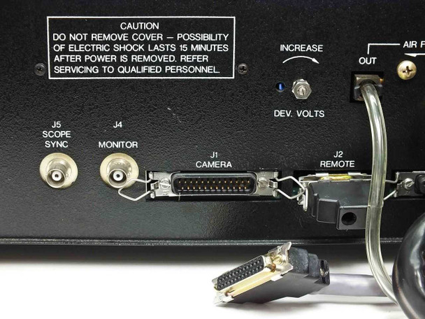 Newport NRC HC320 rear panel left side – J5 Scope Sync (BNC), J4 Monitor (BNC), J1 Camera (25-pin D-sub connector) with cable attached