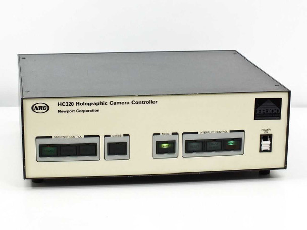Newport NRC HC320 Holographic Camera Controller – front panel overview showing Sequence Control, Status, Mode, Interrupt Control buttons and Power switch