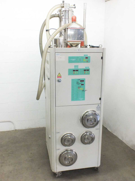 High Point air dryer loader — front and left side view showing control panel with green indicator modules and four stainless steel cartridge filter housings on cabinet lower section