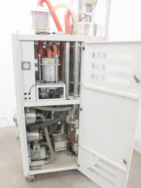 High Point pellet dryer — interior cabinet view with door open showing transformer, blower motors, and internal ducting and plumbing