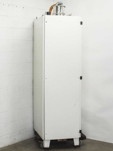 Lanco LTX08 plastics dryer side view — plain white cabinet panels with stainless steel hopper and corrugated flex hose on top