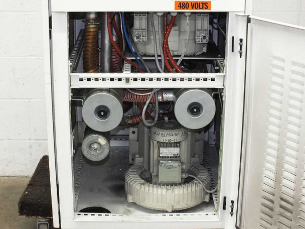 Lanco LTX08 lower cabinet interior open — foil-wrapped desiccant/heat exchanger beds, two C.E.P. ring blower motors, copper coils; blower marked NEW BEARINGS NB 11-10-11