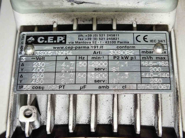 C.E.P. blower motor nameplate — Model 3SX5-N0M4, Art 3X80B2, 3-phase, 230/400V 50Hz 2800 RPM 1.1kW, 265/480V 60Hz 3200 RPM 1.3kW, IP35, Made in Italy