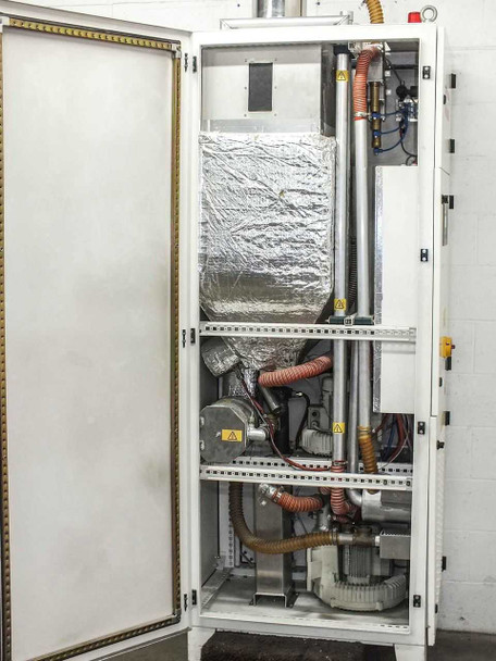 Lanco LTX08 full interior view with door open — foil-wrapped desiccant assembly top, orange corrugated ducting, two ring blower motors at bottom, and pneumatic pipes