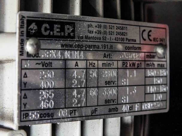 Second C.E.P. blower motor nameplate — Model 3SX4-N1M4, 3-phase, 230/400V 50Hz 2800 RPM 1.1kW, 265/460V 60Hz 3300 RPM 1.3kW, IP55, Made in Italy