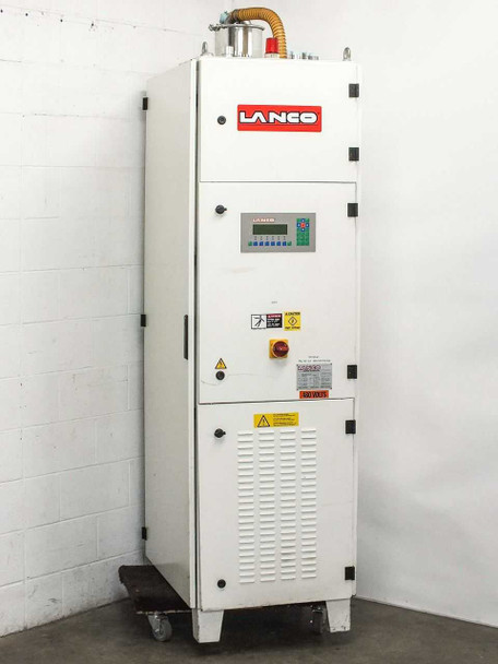 Lanco LTX08 plastics dryer front view — white cabinet with red LANCO logo, LCD control panel, red emergency stop button, and 480V warning label, on casters